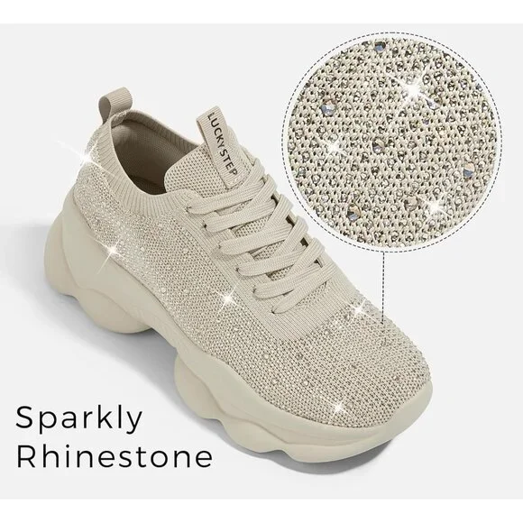 Lucky Step Women's Beige Rhinestone Sneaker Chunky Sparkly Bling Mesh Slip on - Picture 3 of 9